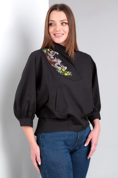 Модная свободная блуза с защипами и прорезными карманами Таир-Гранд 62412 черный - фото 1