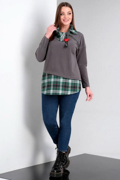 Туника с рукавом летучая мышь и вставками из ткани Таир-Гранд 62411 серый+зеленая_клетка - фото 1