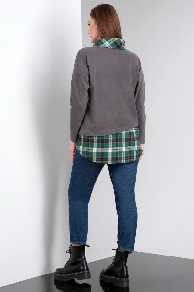 Туника с рукавом летучая мышь и вставками из ткани Таир-Гранд 62411 серый+зеленая_клетка - фото 5