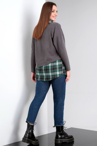 Туника с рукавом летучая мышь и вставками из ткани Таир-Гранд 62411 серый+зеленая_клетка - фото 2