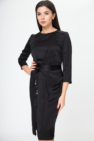 Маленькое черное платье с поясом и складками Anelli 785 черный_текстиль - фото 4