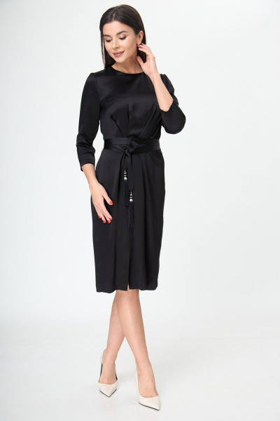 Маленькое черное платье с поясом и складками Anelli 785 черный_текстиль - фото 3