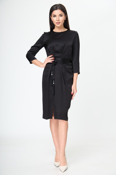 Маленькое черное платье с поясом и складками Anelli 785 черный_текстиль - фото 2