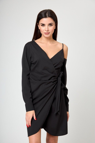 Платье с запахом и открытым плечом из замши Anelli 1178 черный - фото 3