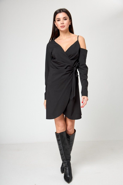 Платье с запахом и открытым плечом из замши Anelli 1178 черный - фото 2