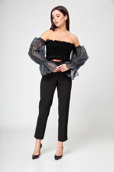 Черный топ с воздушными рукавами из органзы для вечеринок Anelli 1207 черный - фото 3