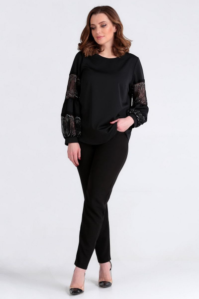 Романтическая блуза свободного кроя с кружевными рукавами Таир-Гранд 62370 черный - фото 2