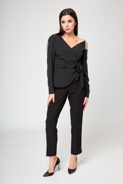 Черная блуза со запахом и завязками на одно плечо Anelli 1177 черный - фото 6
