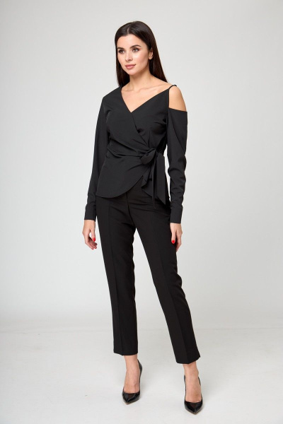 Черная блуза со запахом и завязками на одно плечо Anelli 1177 черный - фото 4