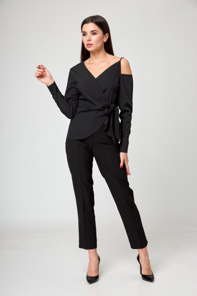 Черная блуза со запахом и завязками на одно плечо Anelli 1177 черный - фото 2