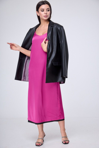 Платье с пайетками футляр с лодочным вырезом Anelli 1180 черный-фуксия - фото 5