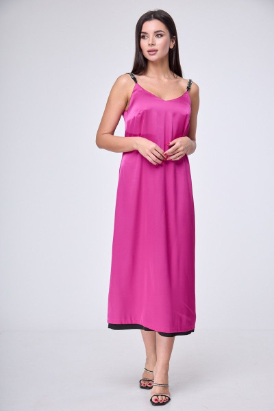 Платье с пайетками футляр с лодочным вырезом Anelli 1180 черный-фуксия - фото 1