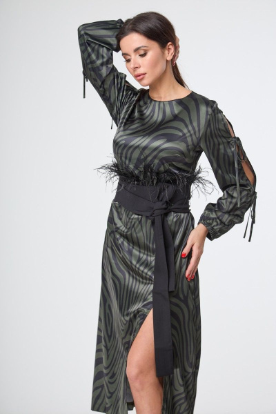 Зеленое длинное платье с разрезами и принтом для особых случаев Anelli 1212 зеленая_зебра - фото 1