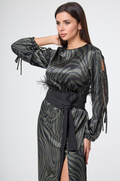 Зеленое длинное платье с разрезами и принтом для особых случаев Anelli 1212 зеленая_зебра - фото 12