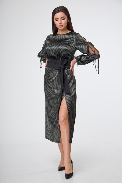 Зеленое длинное платье с разрезами и принтом для особых случаев Anelli 1212 зеленая_зебра - фото 11