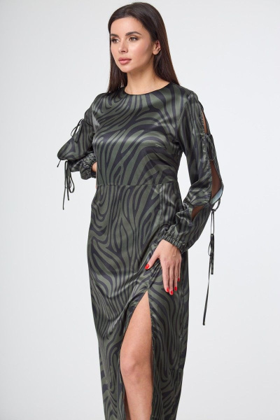 Зеленое длинное платье с разрезами и принтом для особых случаев Anelli 1212 зеленая_зебра - фото 3