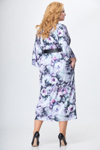 Вискозное платье с принтом шелка с разрезом и V-горловиной Anelli 1153 серый_пионы - фото 6