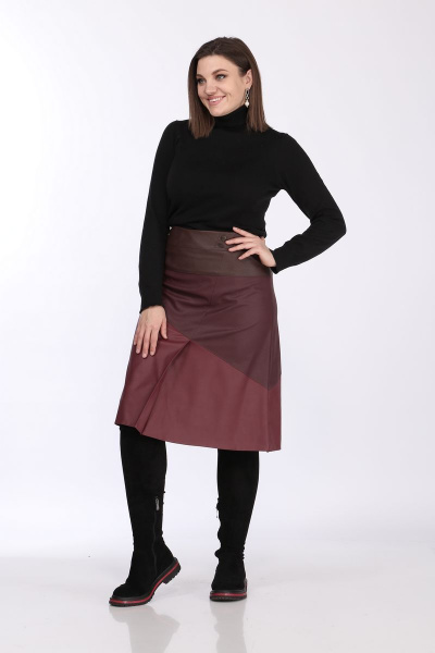 Юбка из эко-кожи А-силуэта с потайной молнией Klever 299 бордо+коричневый - фото 1