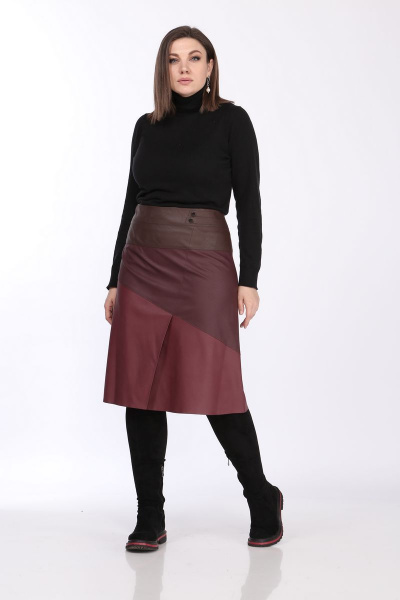 Юбка из эко-кожи А-силуэта с потайной молнией Klever 299 бордо+коричневый - фото 2