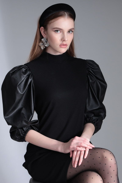 Платье с рукавами из экокожи и трикотажа на каждый день Орхидея 1136 черный - фото 7