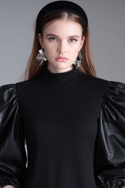 Платье с рукавами из экокожи и трикотажа на каждый день Орхидея 1136 черный - фото 6