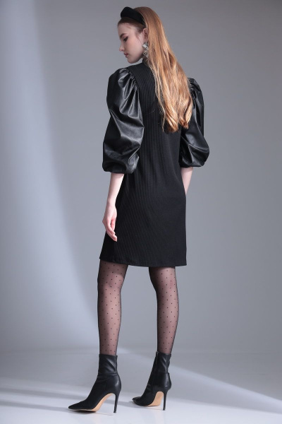 Платье с рукавами из экокожи и трикотажа на каждый день Орхидея 1136 черный - фото 5