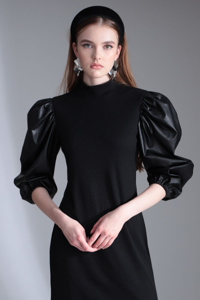 Платье с рукавами из экокожи и трикотажа на каждый день Орхидея 1136 черный - фото 4