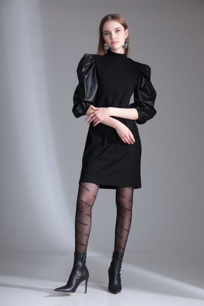 Платье с рукавами из экокожи и трикотажа на каждый день Орхидея 1136 черный - фото 3