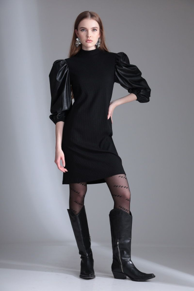 Платье с рукавами из экокожи и трикотажа на каждый день Орхидея 1136 черный - фото 1