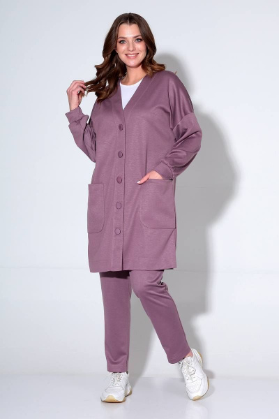 Костюм кардиган и брюки с потайным шнуром casual Liona Style 824 лиловый - фото 1