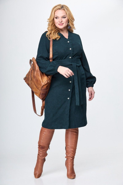 Платье из вельвета полуприлегающее с бахромой и поясом Anelli 1167 бутылка - фото 2