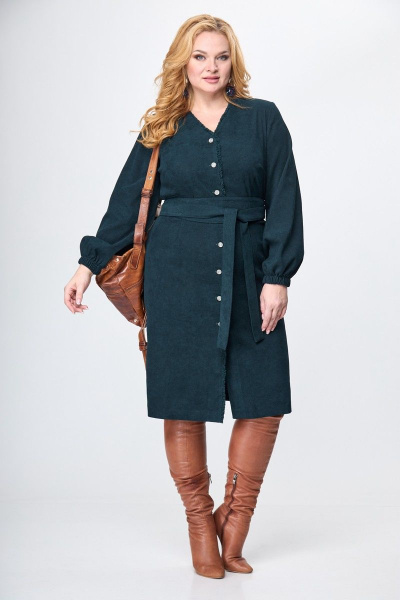 Платье из вельвета полуприлегающее с бахромой и поясом Anelli 1167 бутылка - фото 1