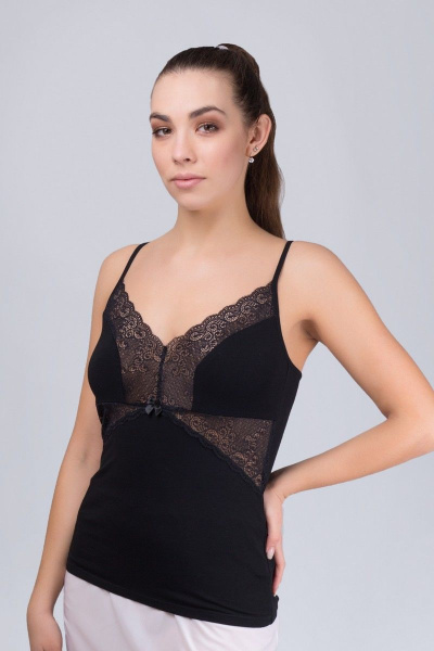 Майка из хлопка и кружева с узкими бретелями для повседневной носки Verally 353-1 черный - фото 1