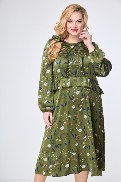 Платье миди из принтованной ткани с рюшами и воланом Anelli 1097 зеленый - фото 2