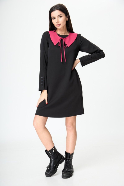 Платье прямое из вискозы с воротником и карманами демисезонное Anelli 1184 черный - фото 1