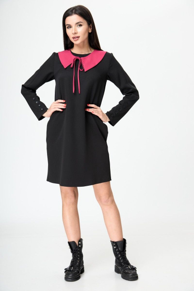 Платье прямое из вискозы с воротником и карманами демисезонное Anelli 1184 черный - фото 2