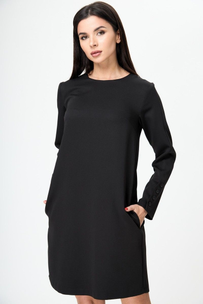Платье прямое из вискозы с воротником и карманами демисезонное Anelli 1184 черный - фото 7