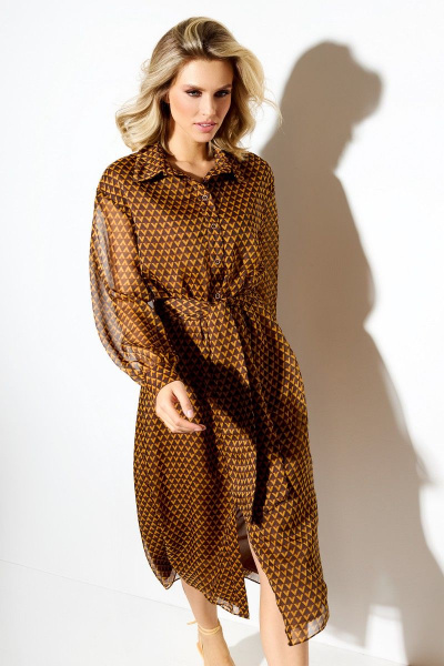 Платье на подкладке из плательной ткани с ремнем DILIA 0585 коричневый - фото 3