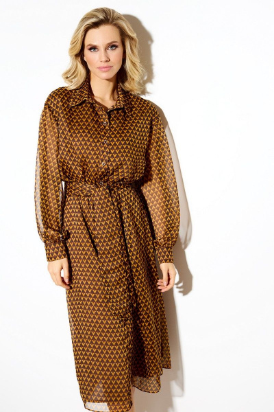 Платье на подкладке из плательной ткани с ремнем DILIA 0585 коричневый - фото 2