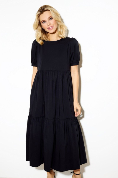 Платье полуприлегающего силуэта с воланами и двумя воланами на юбке DILIA 0586 черный - фото 2