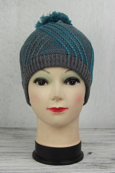Шапка вязаная бирюзовая со средним швом и помпоном Полесье С8001-17 8С0103-Д43  маренго - фото 1