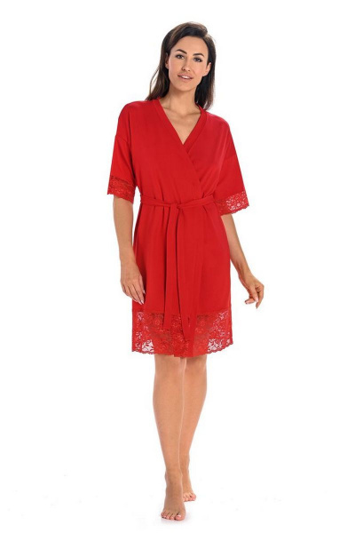 Пеньюар миди с кружевной отделкой и запахом для дома Teyli 2901/170,176 красный - фото 1