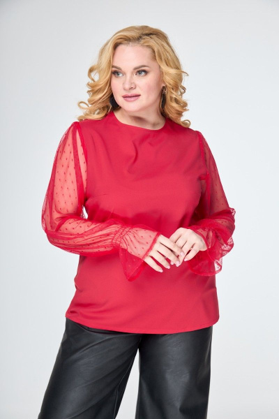 Прямая блуза с воланом в мелкий горошек и круглым вырезом Anelli 1199 красный - фото 7
