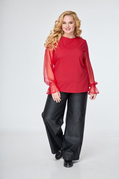 Прямая блуза с воланом в мелкий горошек и круглым вырезом Anelli 1199 красный - фото 2