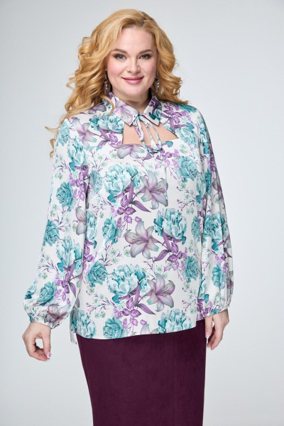 Блуза из шёлка с атласными завязками и вырезом каре Anelli 1028.1 белый_цветы - фото 2