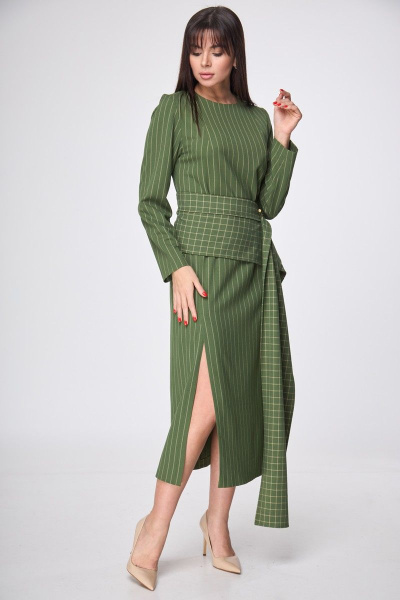 Платье зауженное по талии до середины голени с разрезом и поясом демисезонное Anelli 1197 зеленый - фото 10