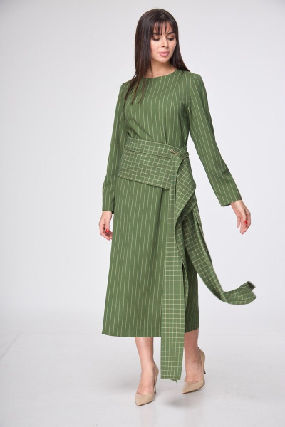 Платье зауженное по талии до середины голени с разрезом и поясом демисезонное Anelli 1197 зеленый - фото 1