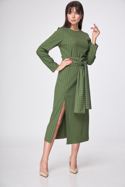 Платье зауженное по талии до середины голени с разрезом и поясом демисезонное Anelli 1197 зеленый - фото 2