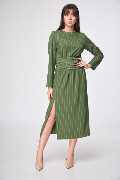 Платье зауженное по талии до середины голени с разрезом и поясом демисезонное Anelli 1197 зеленый - фото 4