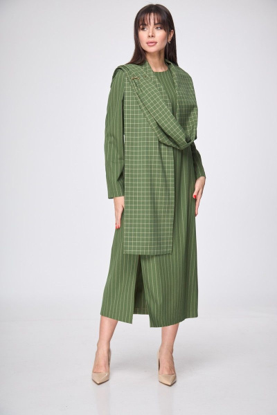 Платье зауженное по талии до середины голени с разрезом и поясом демисезонное Anelli 1197 зеленый - фото 6